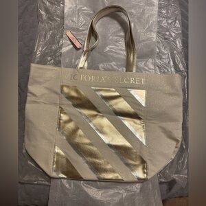 Victoria's Secret Metallic Gold and Cream Tote NWT